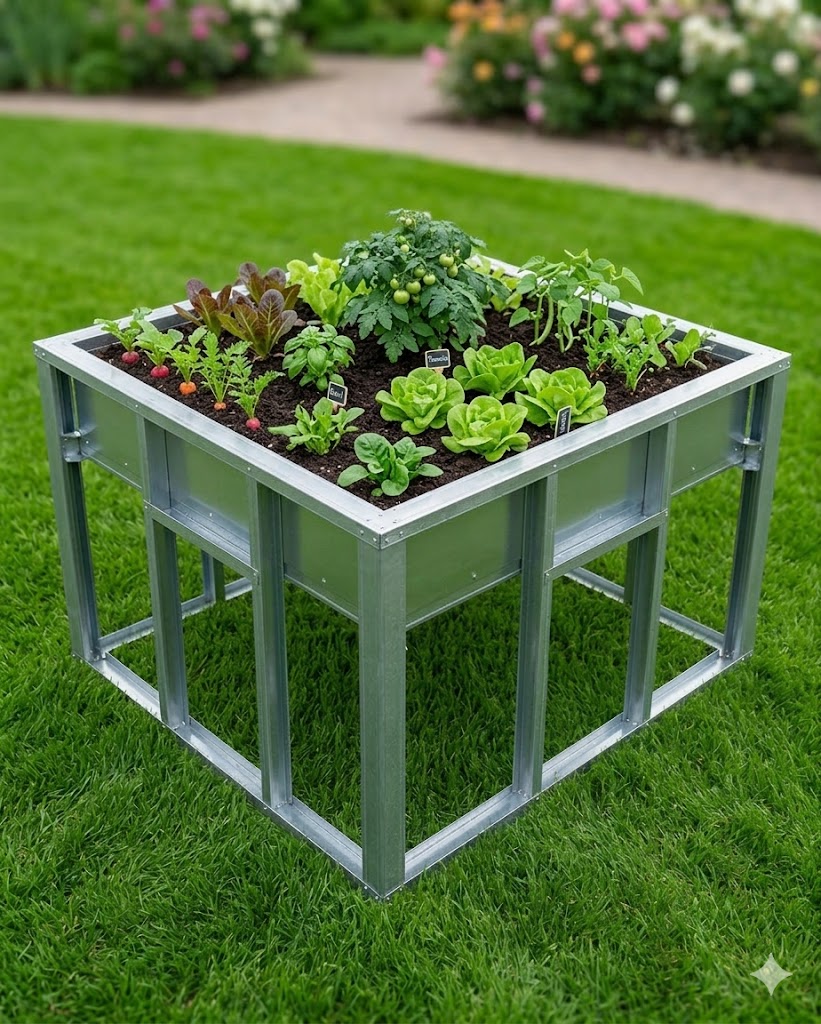 Bac surélevé en métal 4×4 avec légumes